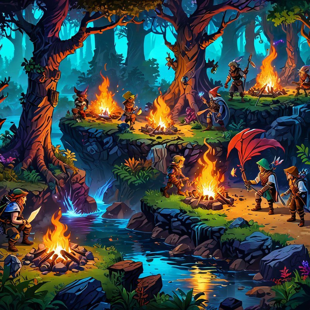 A vibrant fantasy landscape showcasing a diverse group of Tibia adventurers strategizing around a mystical campfire, surrounded by enchanted forests and mythical creatures. Include iconic Tibia elements like treasure chests, potions, and magical artifacts scattered throughout. The adventurers should portray various character classes and backgrounds, exuding teamwork and excitement. The scene should illuminate the joy of adventure and exploration. richly detailed, vibrant colors, fantastical art style.