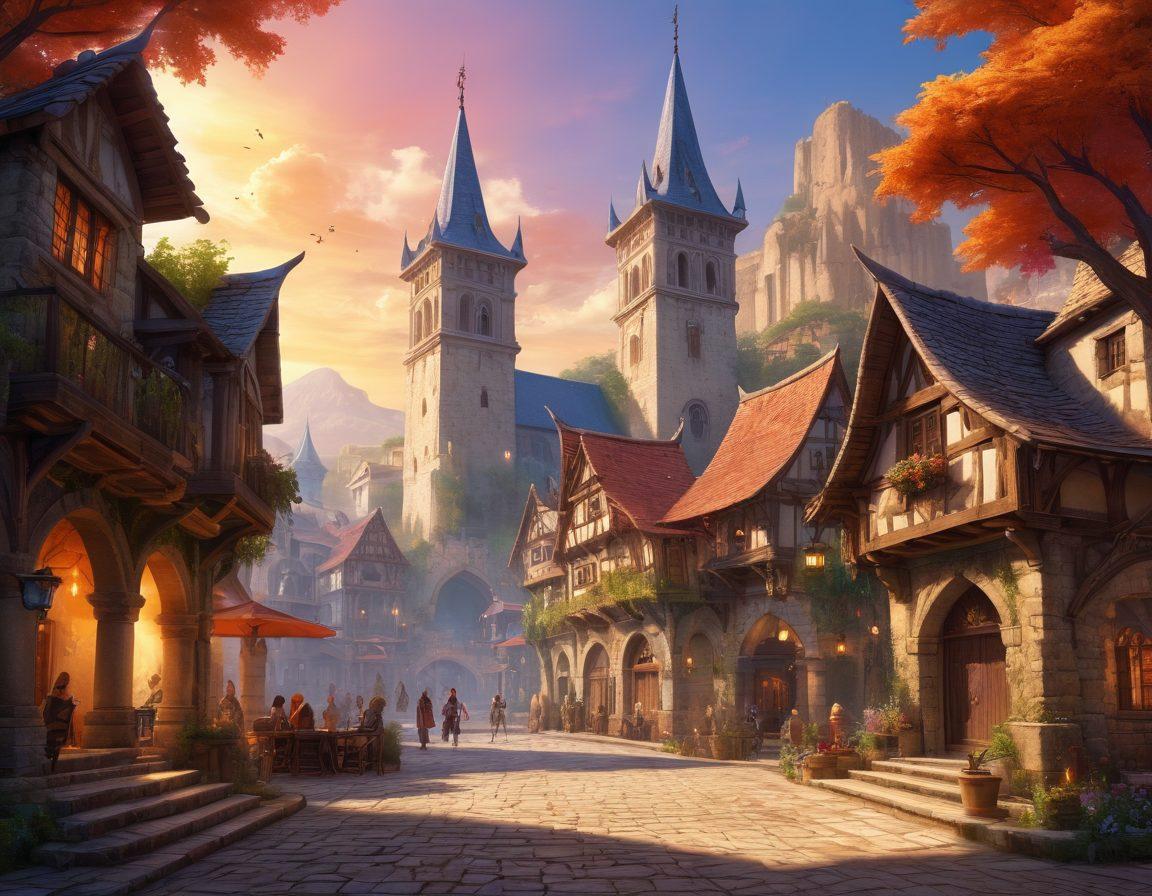 A captivating fantasy landscape showcasing diverse MMORPG characters, from a novice mage to a battle-hardened warrior, all sharing a moment of camaraderie in a bustling town square of Tibia. Include detailed architecture, vibrant magical effects in the background, and mythical creatures roaming nearby to emphasize community and adventure. Use bright colors and dynamic poses to evoke energy and excitement. super-realistic. vibrant colors. immersive fantasy art.