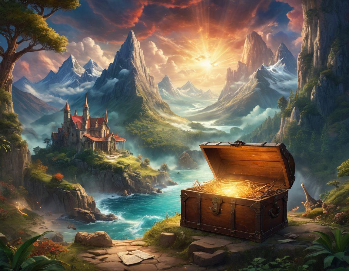 A mystical fantasy landscape showcasing an ancient Tibia-inspired world with towering mountains, a vast ocean, and lush forests filled with mythical creatures. Include a brave adventurer in armor, holding a glowing map, standing at a crossroads with signs pointing to hidden lore and treasures. A vintage-style treasure chest is partially buried in the foreground, surrounded by shimmering magical artifacts. Ethereal light beams breaking through the clouds enhance the magical atmosphere. vibrant colors. super-realistic.